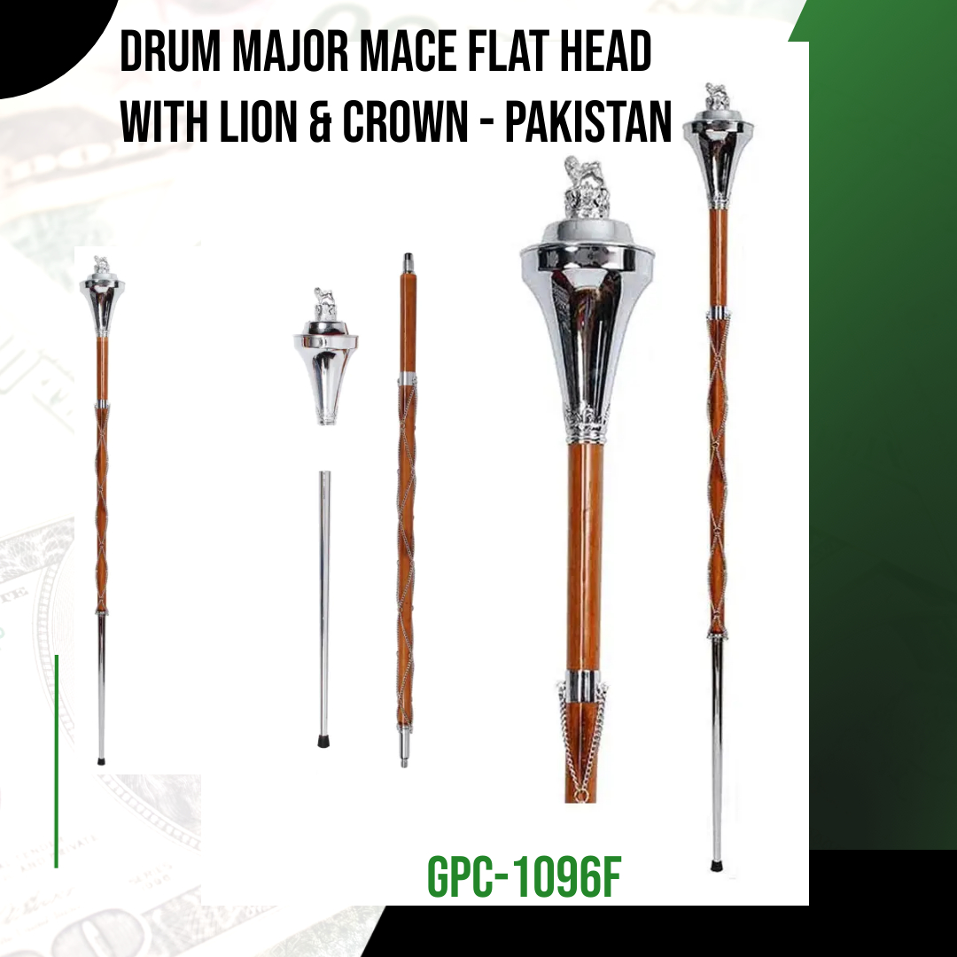 Drum Major Mace/Leader Stick, Chrome Flat Head Lion & Crown Top -GPC-1096F(Pakistan Made)